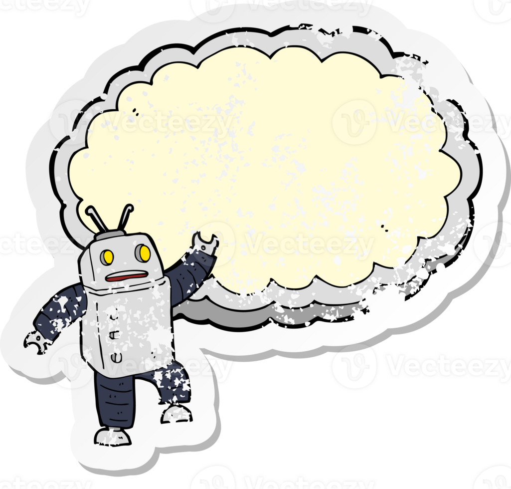 retro distressed sticker of a cartoon robot with space for text cloud png