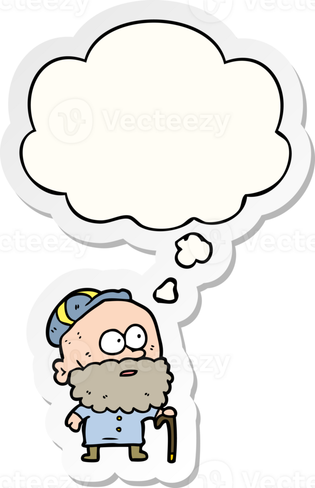 cartoon old man with walking stick and thought bubble as a printed sticker png