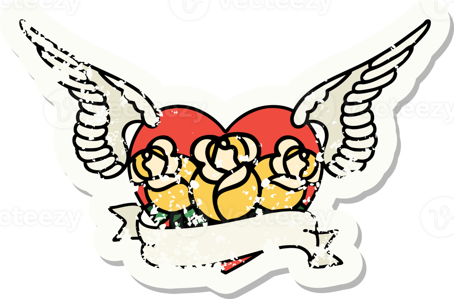 traditional distressed sticker tattoo of a flying heart with flowers and banner png