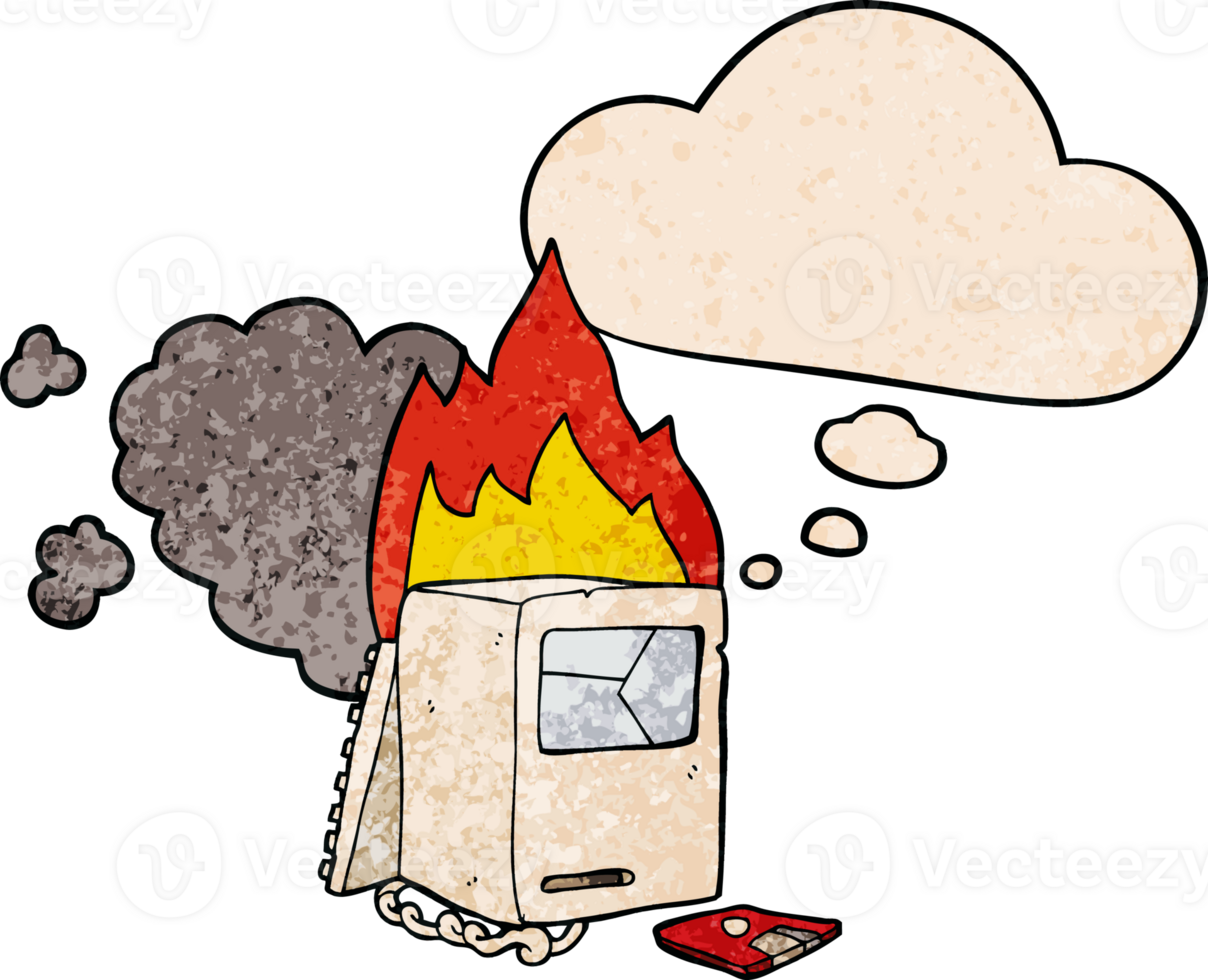 cartoon broken computer and thought bubble in grunge texture pattern style png