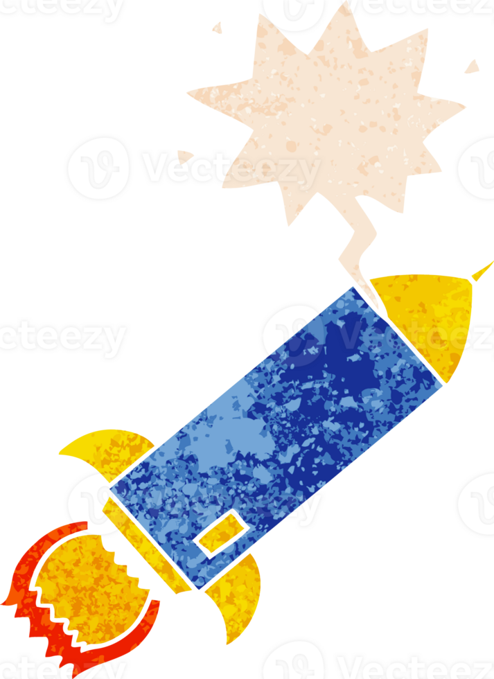 cartoon rocket and speech bubble in retro textured style png