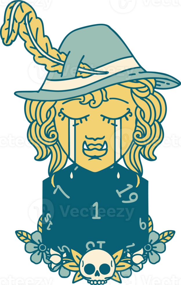 crying bard orc bard character with natural one D20 roll illustration png