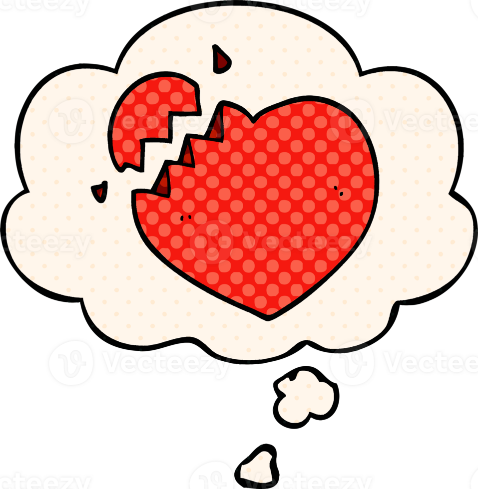 cartoon broken heart and thought bubble in comic book style png