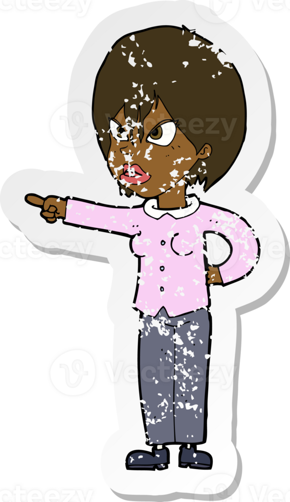 retro distressed sticker of a cartoon woman accusing png