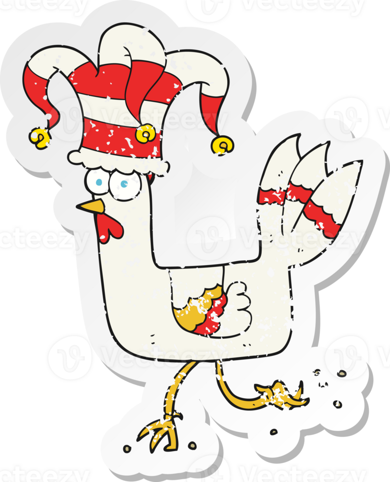 retro distressed sticker of a cartoon chicken running in funny hat png