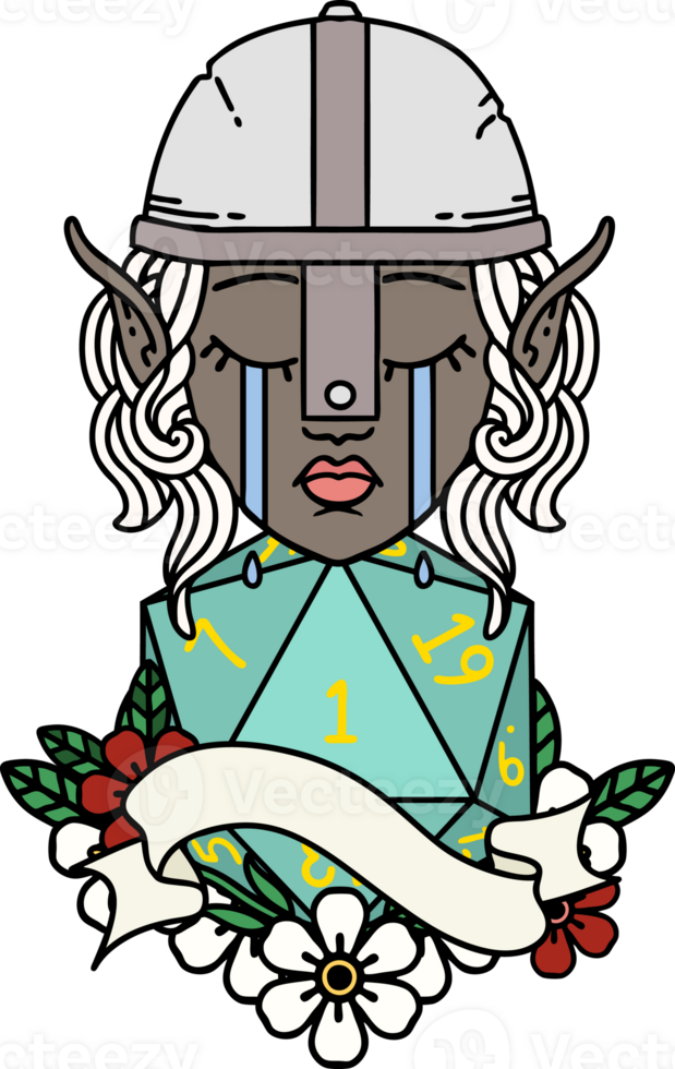 crying elf fighter character face with natural one D20 roll illustration png