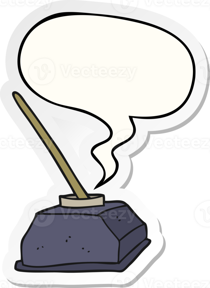 cartoon old ink pot and pen and speech bubble sticker png
