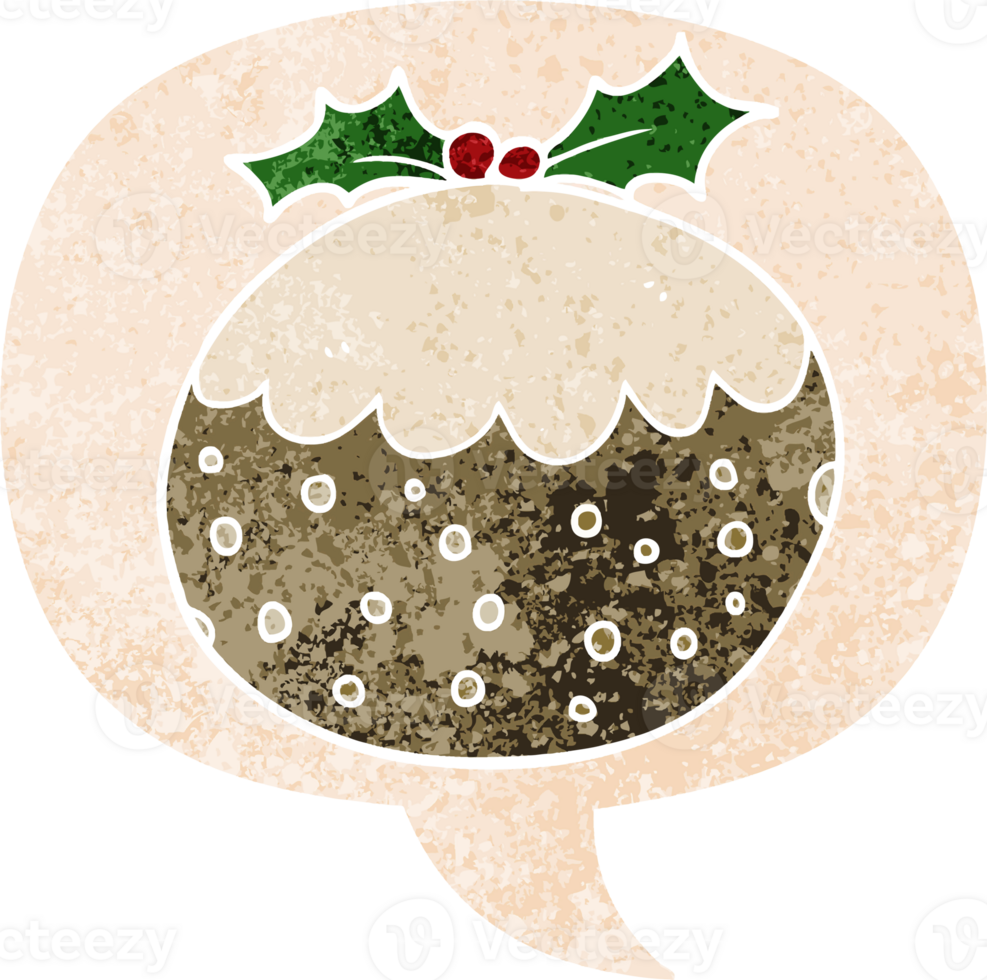 cartoon christmas pudding and speech bubble in retro textured style png