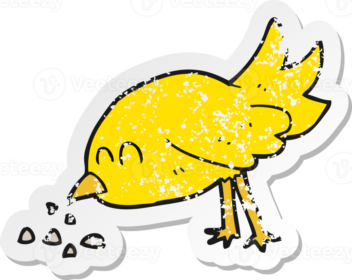 retro distressed sticker of a cartoon bird pecking seeds png