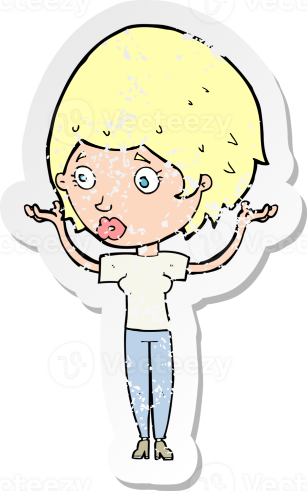 retro distressed sticker of a cartoon woman raising hands in air png