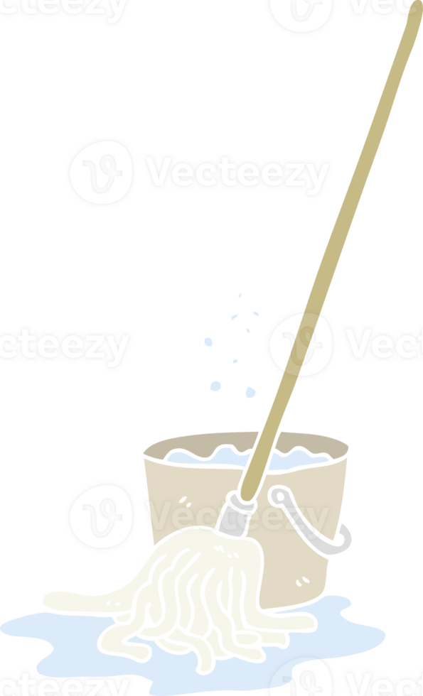 flat color illustration of a cartoon mop and bucket png
