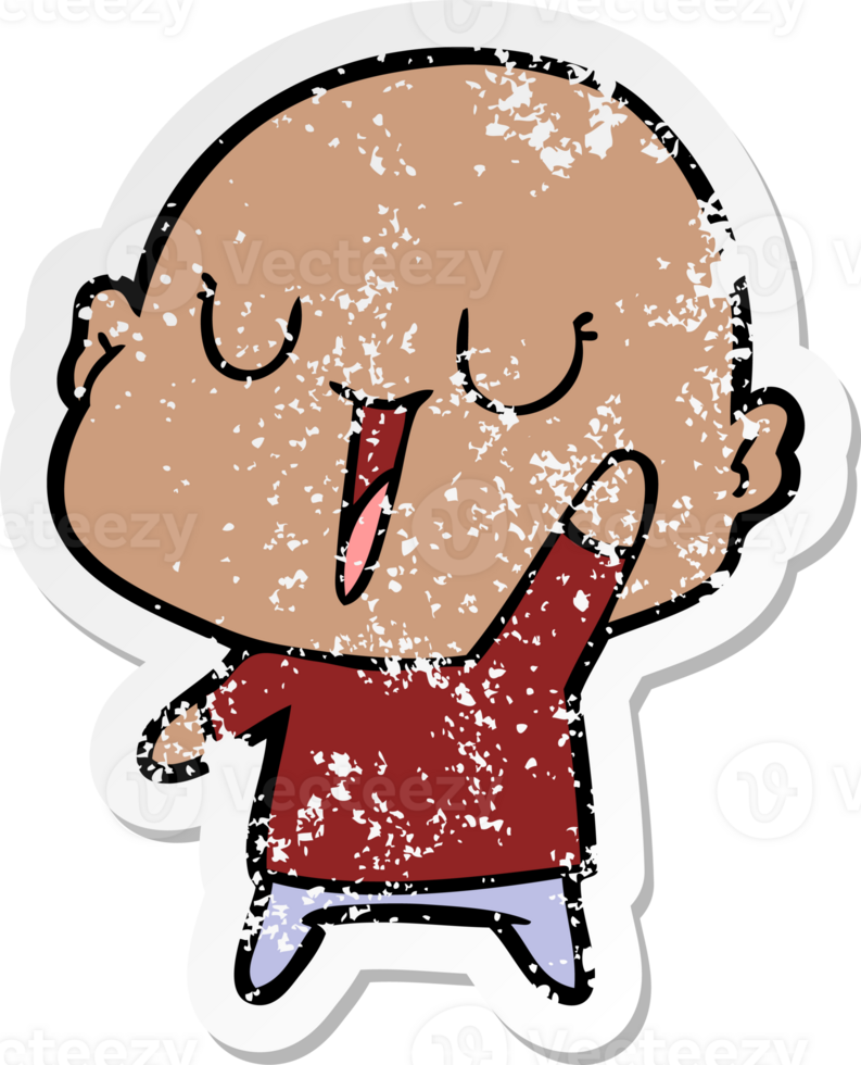 distressed sticker of a happy cartoon bald man png