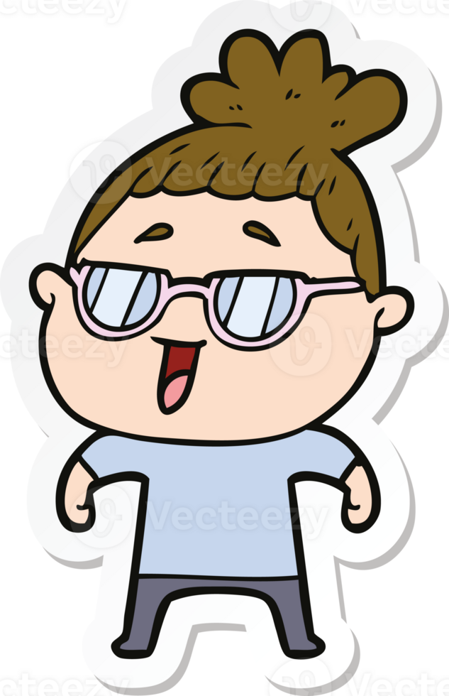 sticker of a cartoon happy woman wearing spectacles png