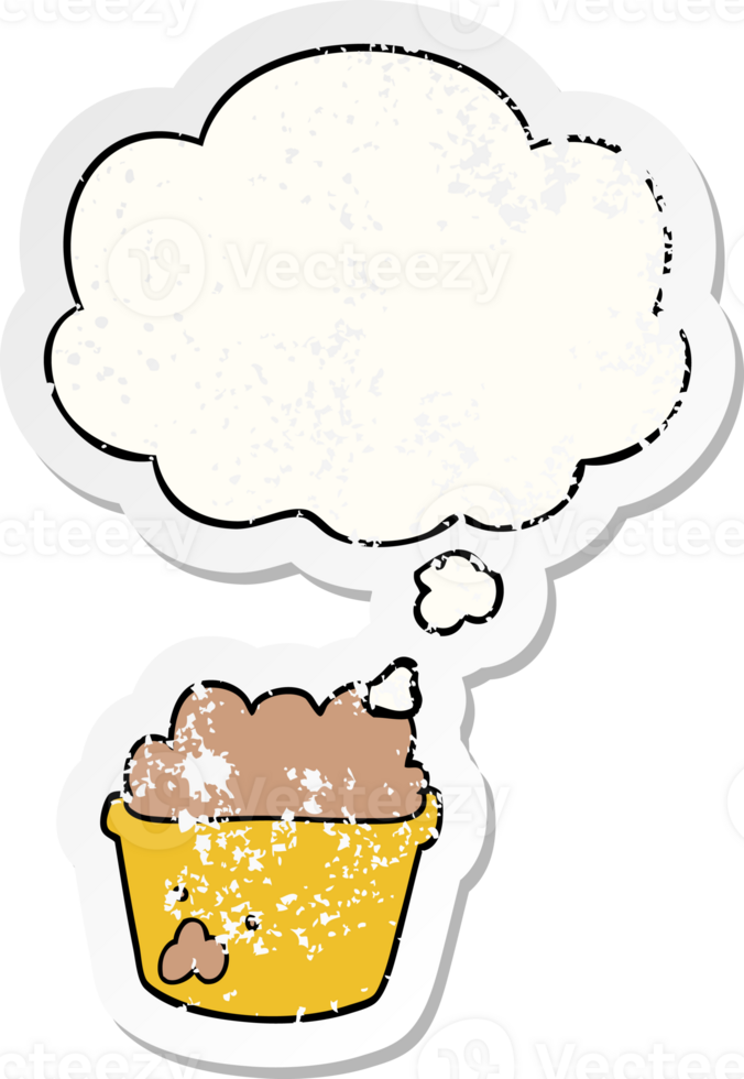 cartoon plant pot of earth and thought bubble as a distressed worn sticker png