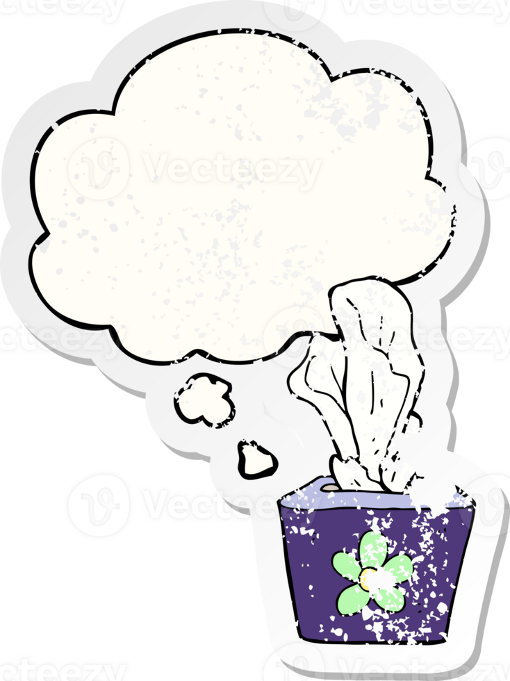 cartoon box of tissues and thought bubble as a distressed worn sticker png