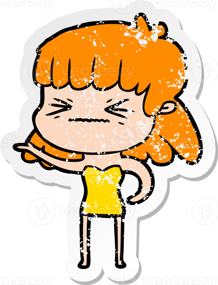distressed sticker of a cartoon angry girl png