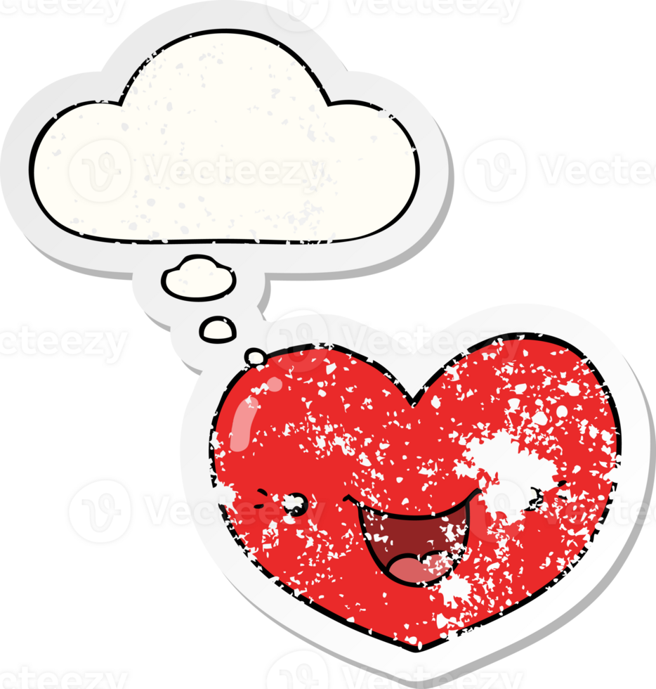 cartoon love heart character and thought bubble as a distressed worn sticker png