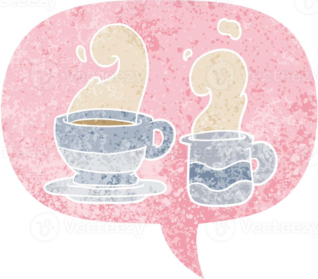 cartoon cup of coffee and speech bubble in retro textured style png