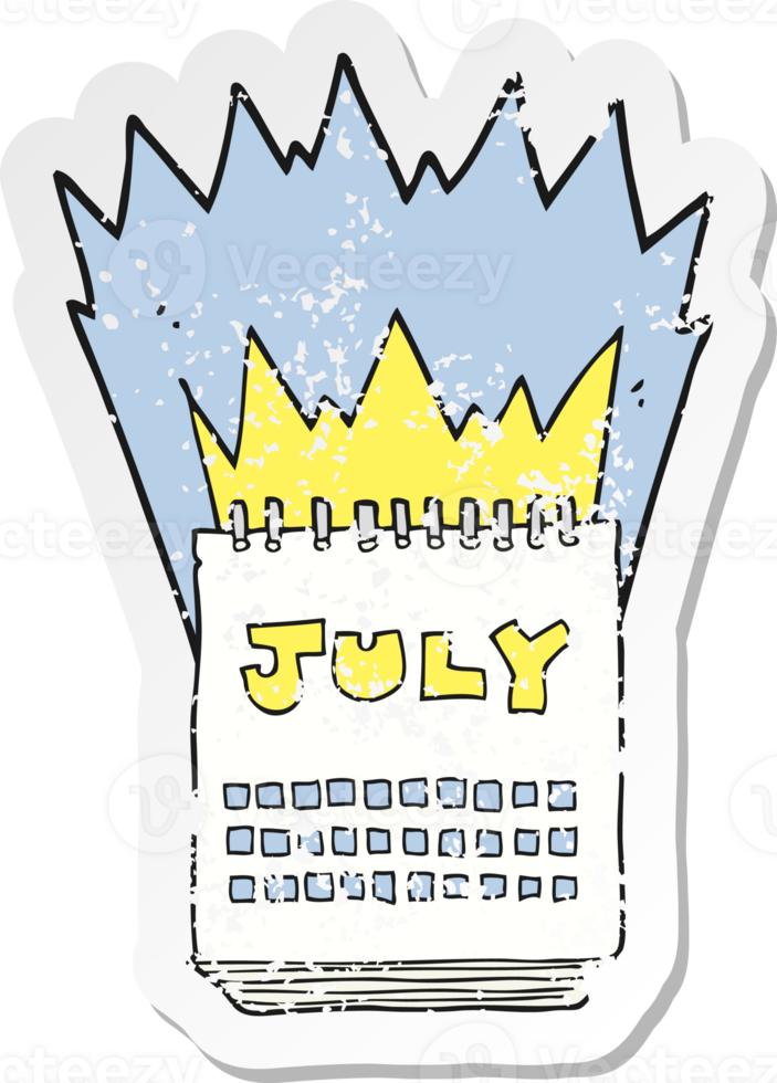 retro distressed sticker of a cartoon calendar showing month of July png