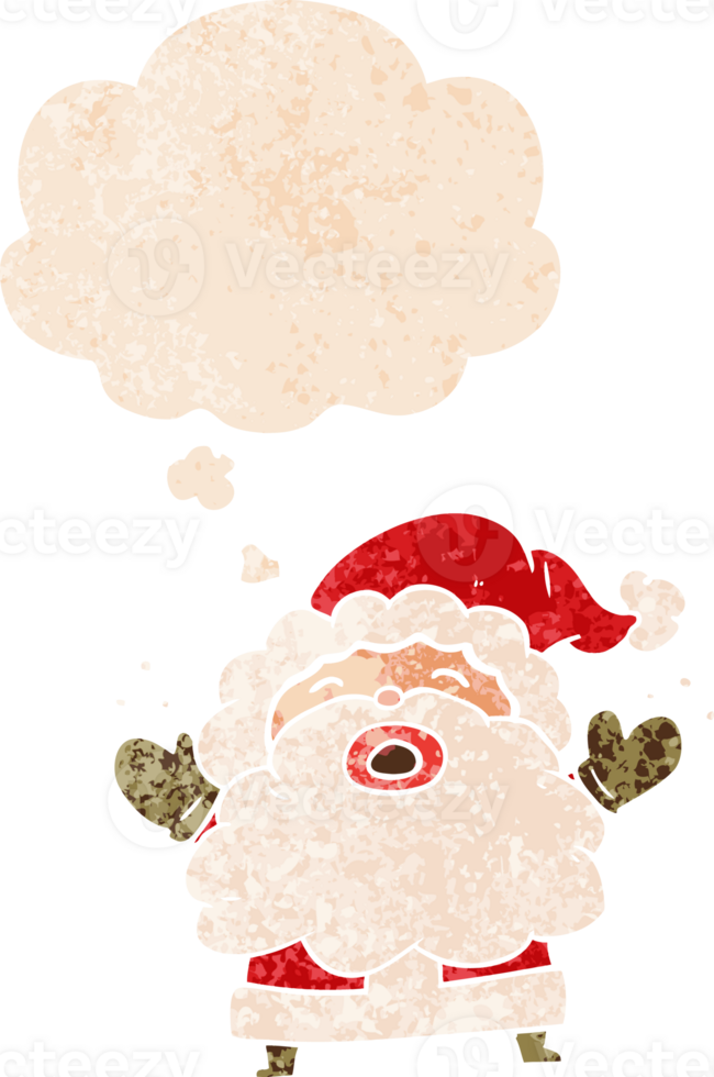 cartoon santa claus shouting and thought bubble in retro textured style png