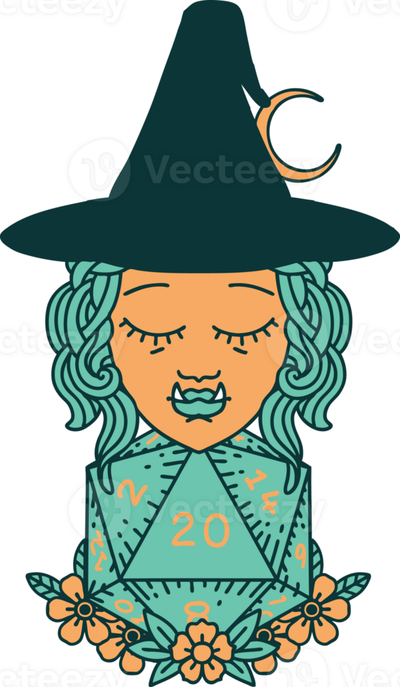 half orc wizard with natural twenty dice roll illustration png