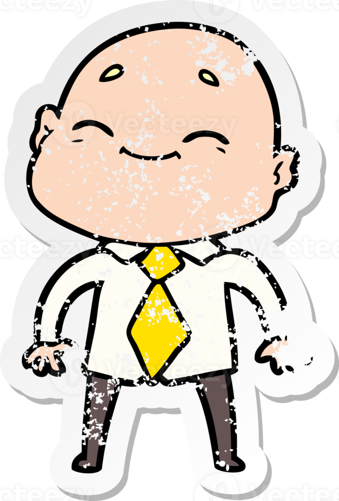 distressed sticker of a happy cartoon bald man png