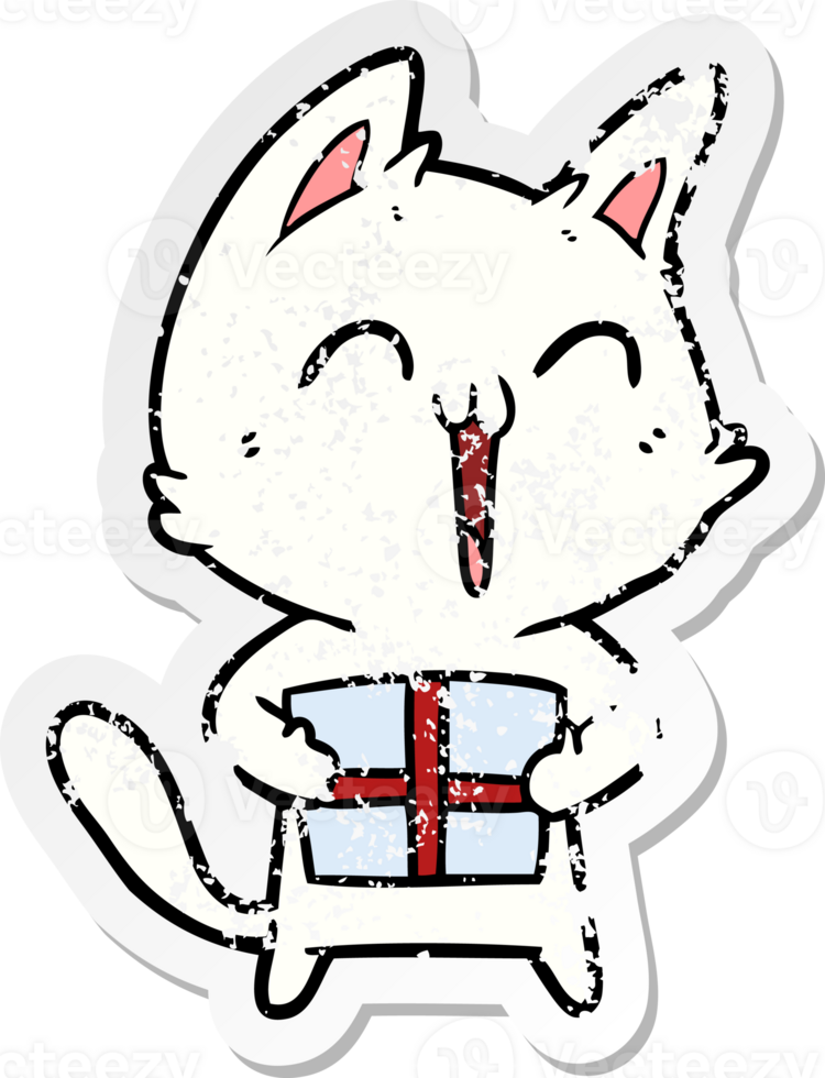 distressed sticker of a happy cartoon cat png