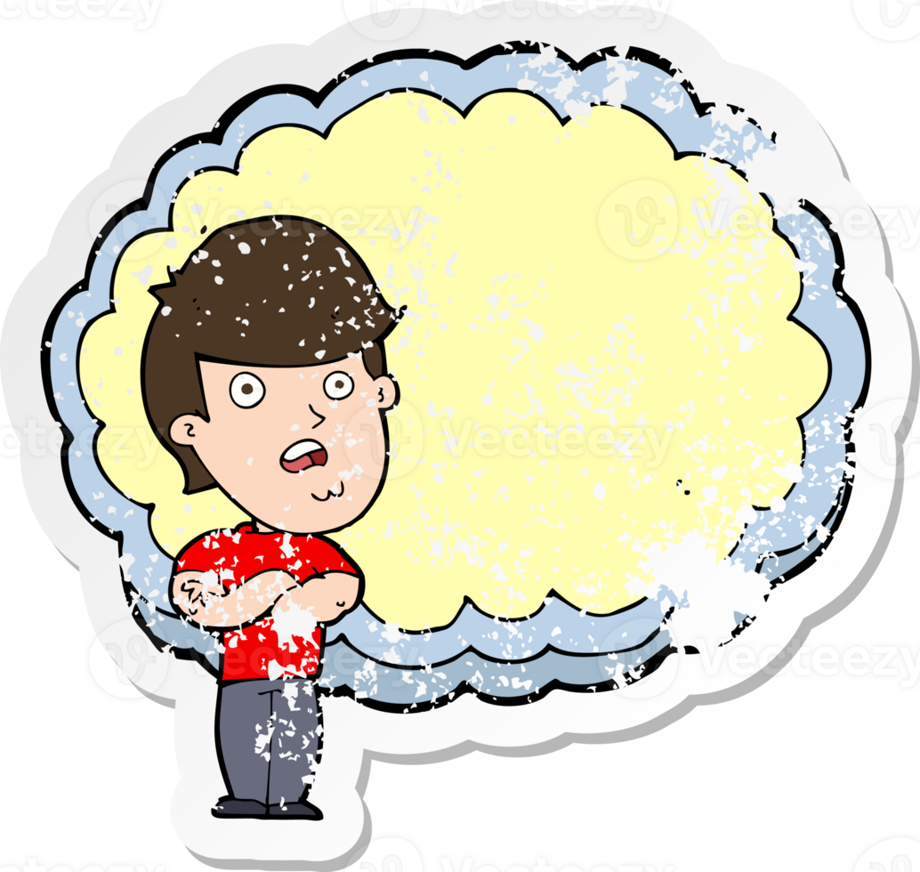 retro distressed sticker of a cartoon man with text space cloud png