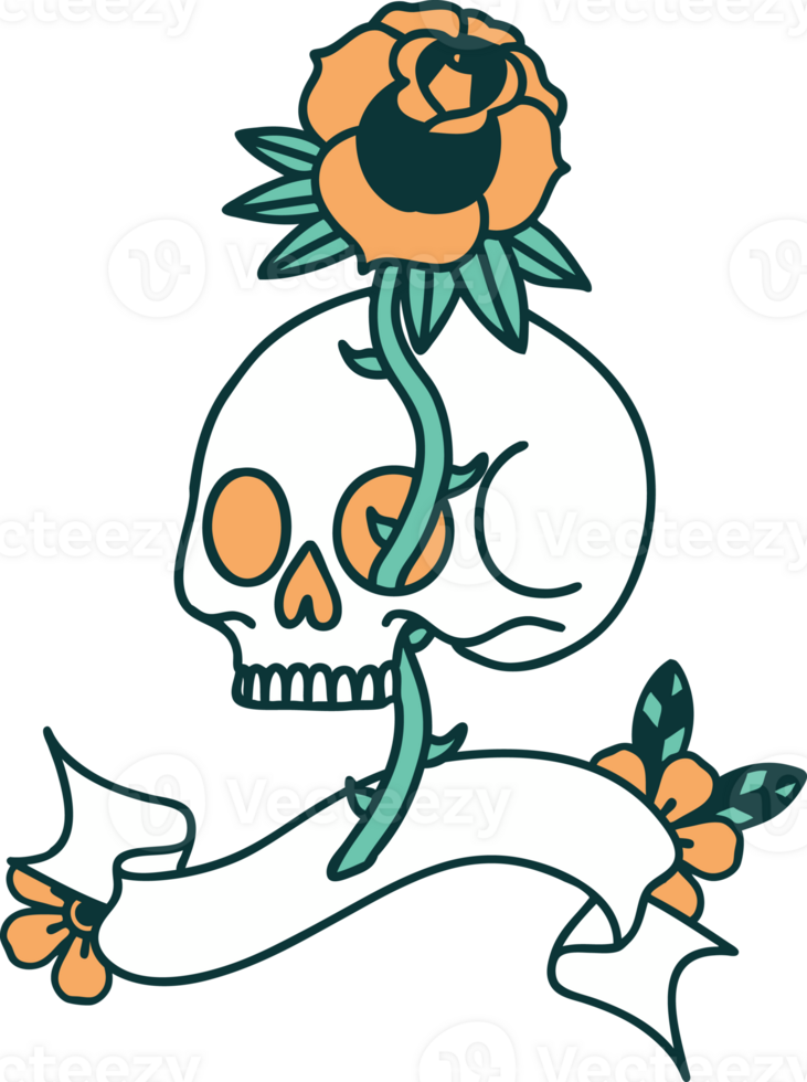 tattoo with banner of a skull and rose png