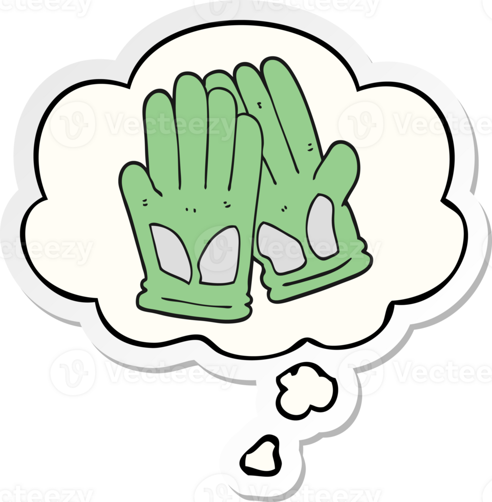 gants de travail de jardin de dessin animé et bulle de pensée comme autocollant imprimé png