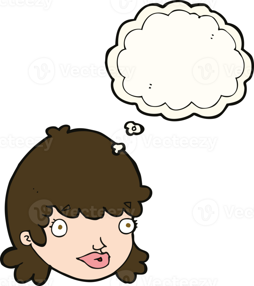 cartoon female face with surprised expression with thought bubble png