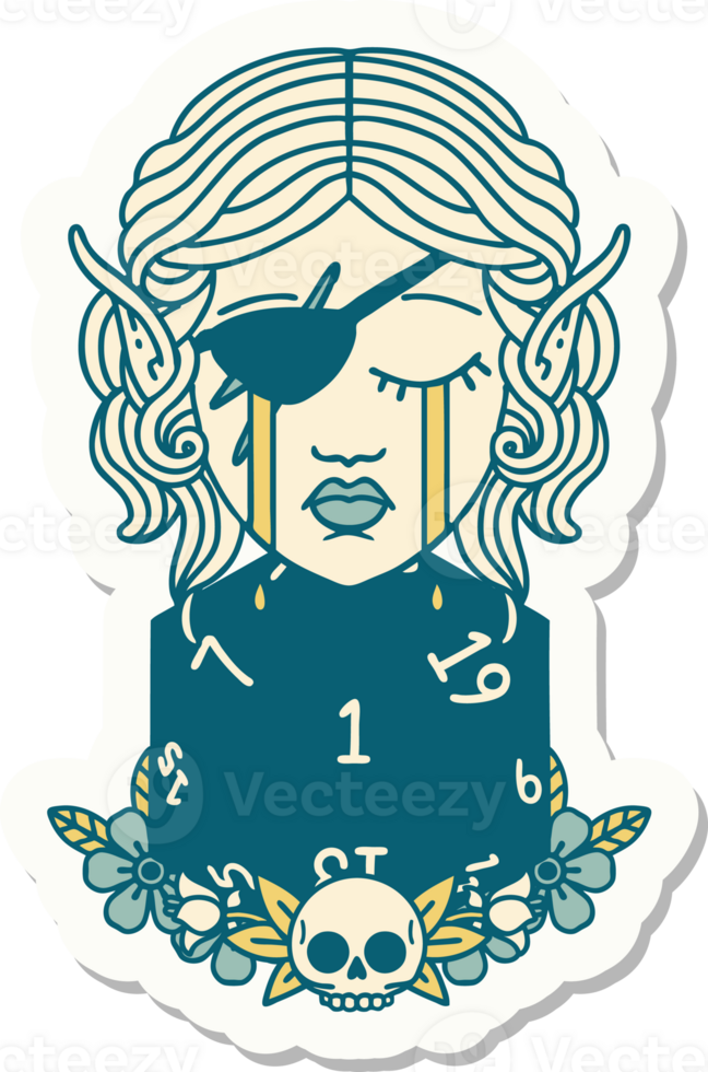 crying elf rogue character face with natural one D20 roll sticker png