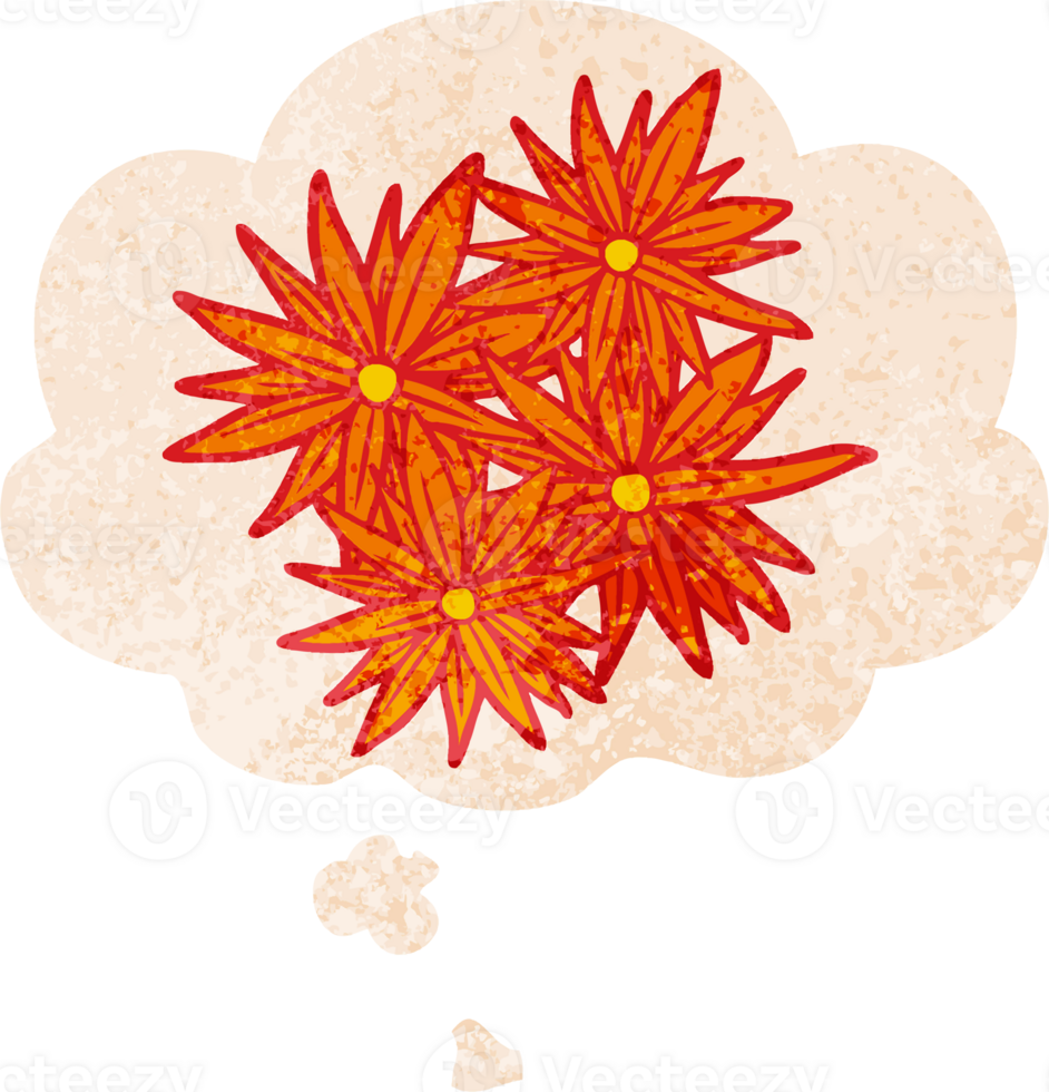 cartoon bright flowers and thought bubble in retro textured style png