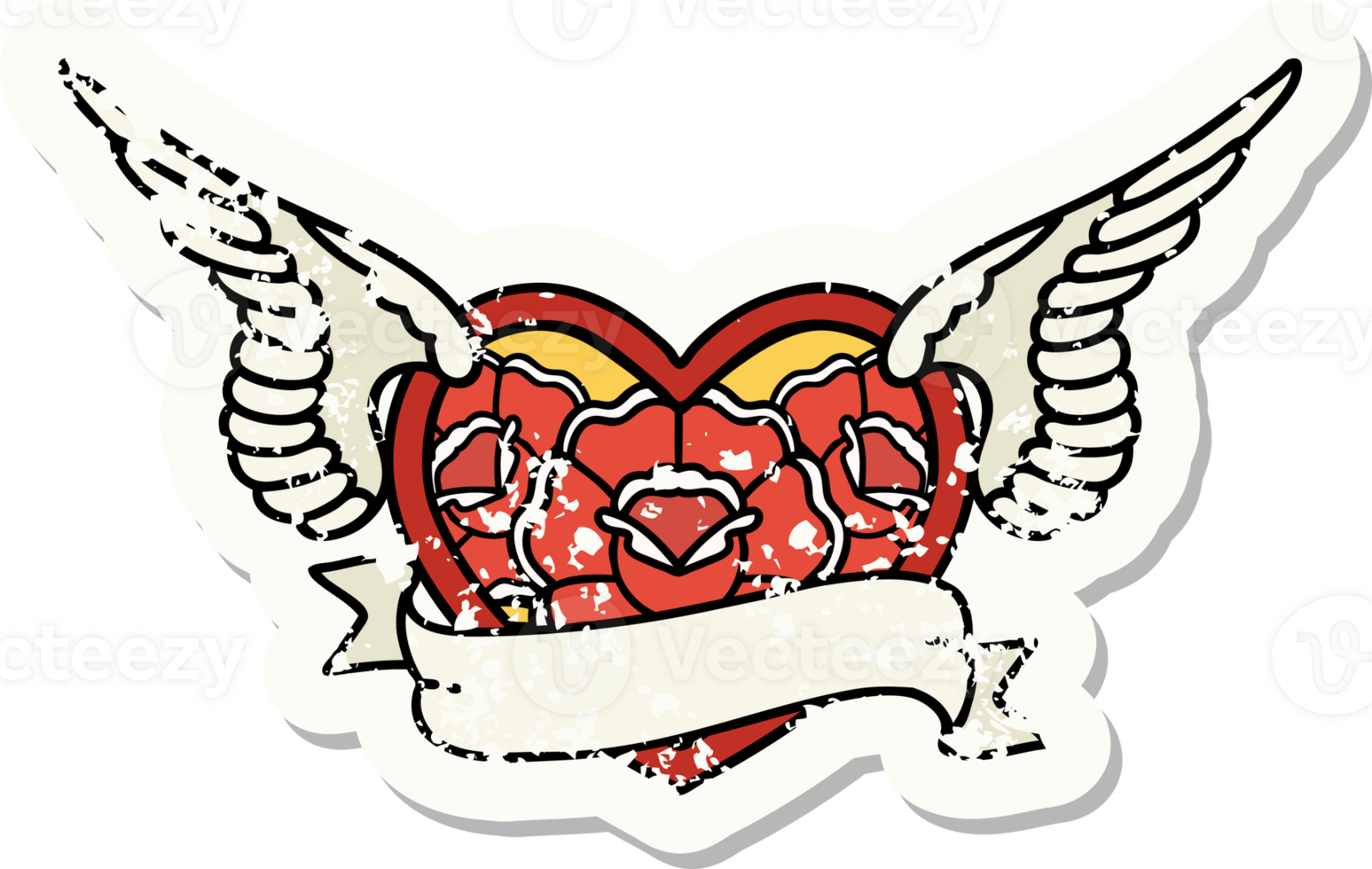 traditional distressed sticker tattoo of a flying heart with flowers and banner png