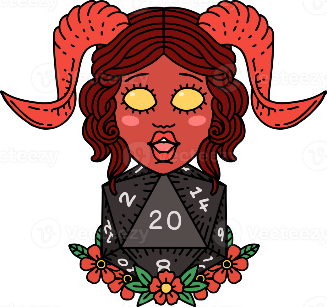 tiefling with natural twenty dice roll illustration png