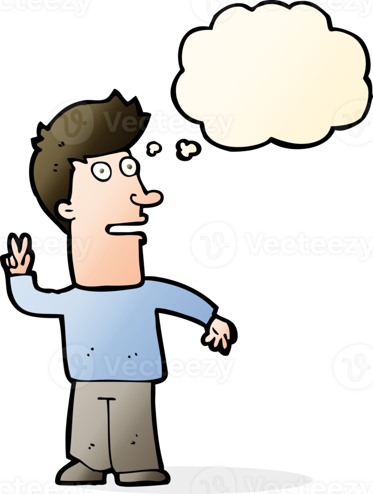 cartoon man making peace sign with thought bubble png