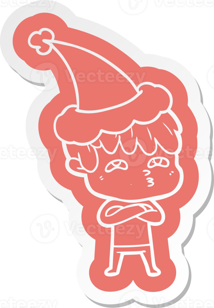 cartoon  sticker of a curious man wearing santa hat png