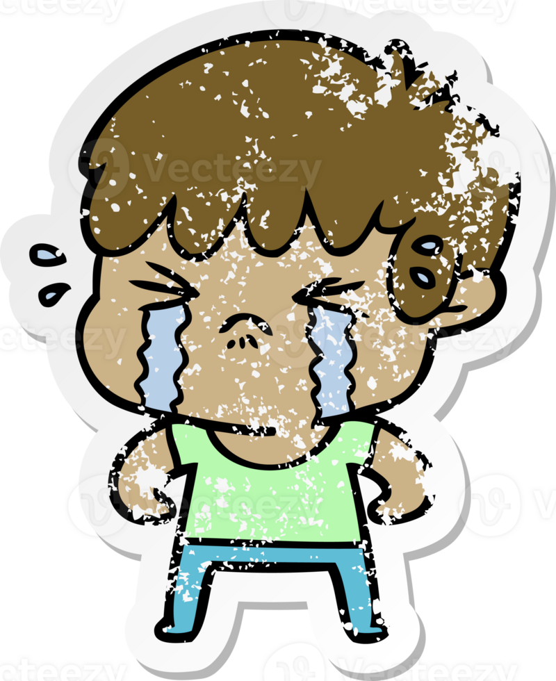 distressed sticker of a cartoon boy crying png