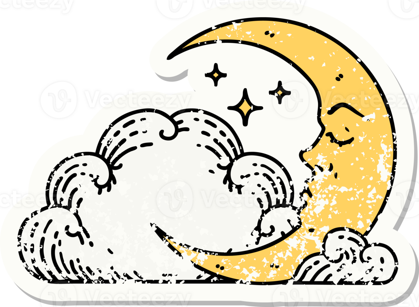 traditional distressed sticker tattoo of a crescent moon and clouds png