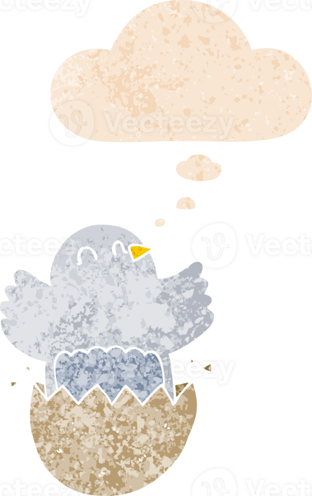 cartoon hatching chicken and thought bubble in retro textured style png
