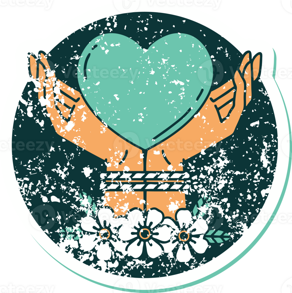 distressed sticker tattoo style icon of tied hands and a heart png