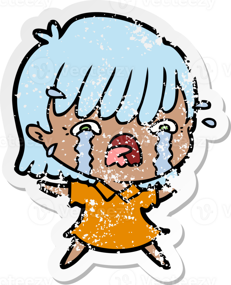 distressed sticker of a cartoon girl crying png