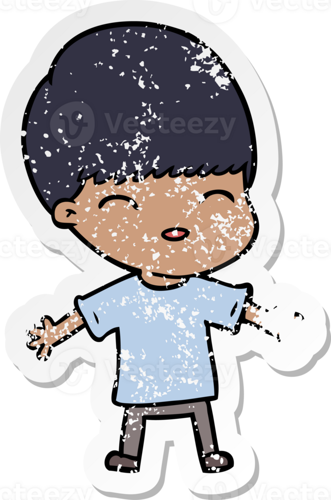 distressed sticker of a happy cartoon boy png