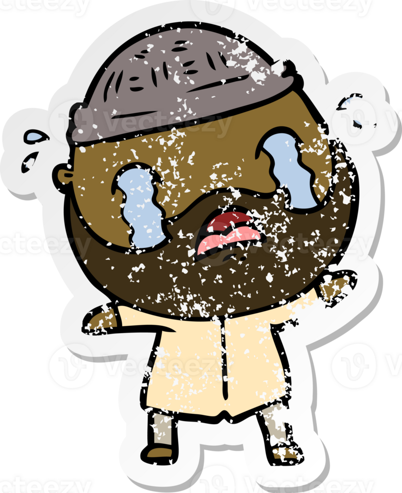 distressed sticker of a cartoon bearded man crying png