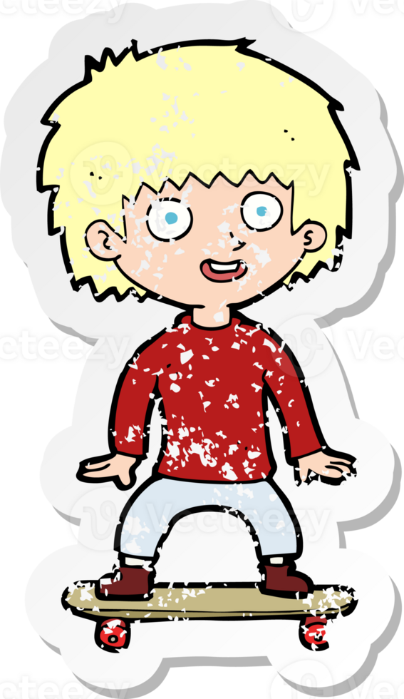 retro distressed sticker of a cartoon boy on skateboard png