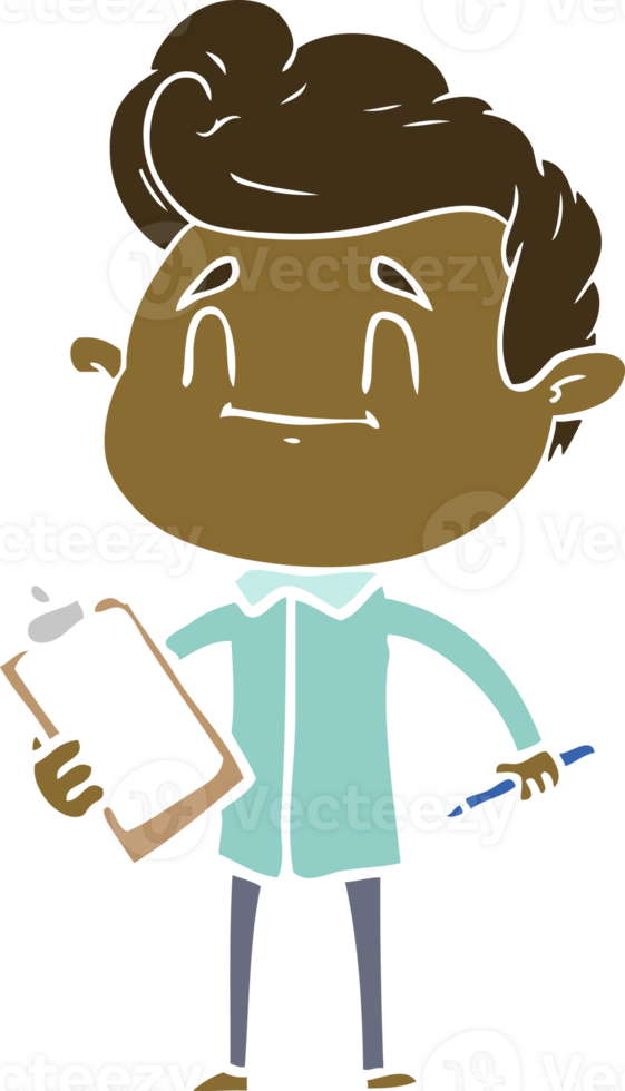 happy flat color style cartoon man with pen and clipboard png