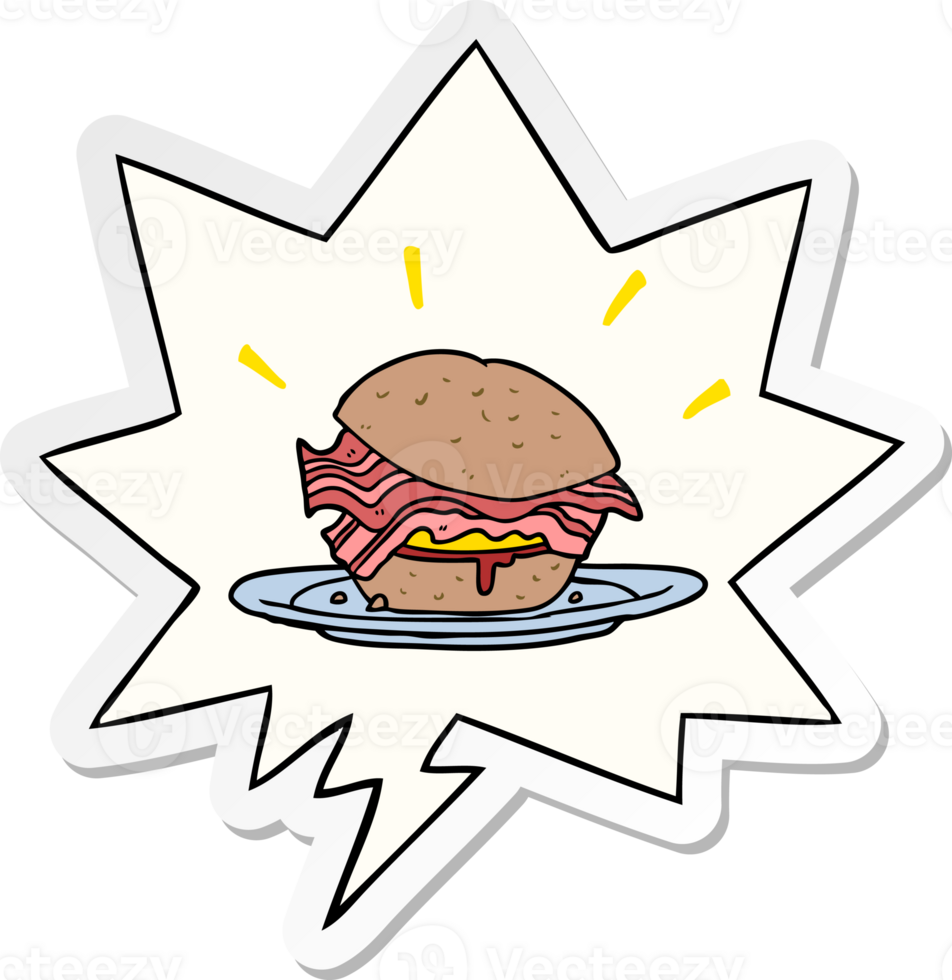 cartoon amazingly tasty bacon breakfast sandwich and cheese and speech bubble sticker png