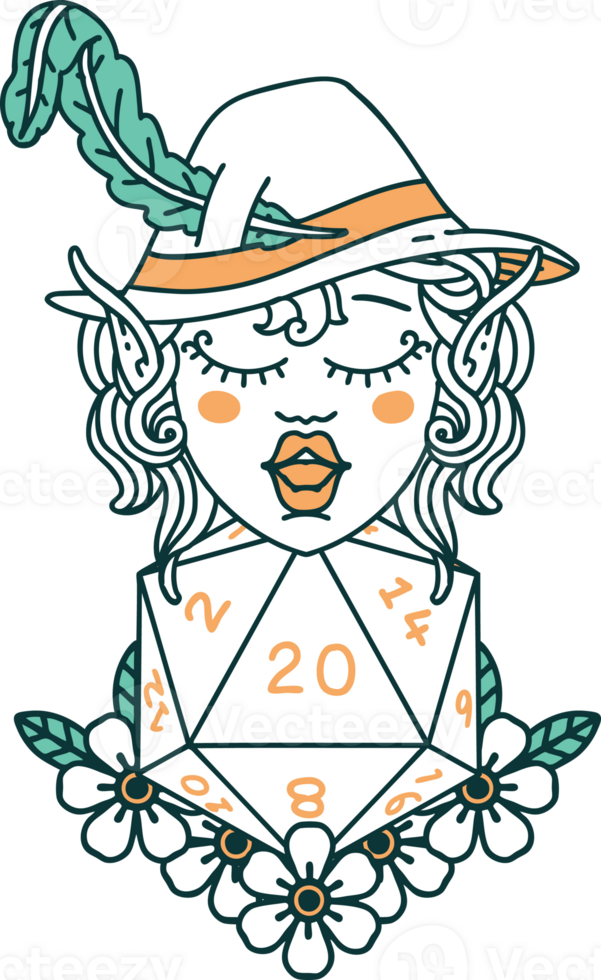 elf bard character with natural twenty dice roll illustration png