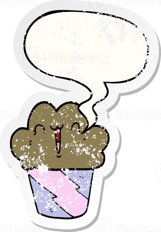 cartoon cupcake and face and speech bubble distressed sticker png