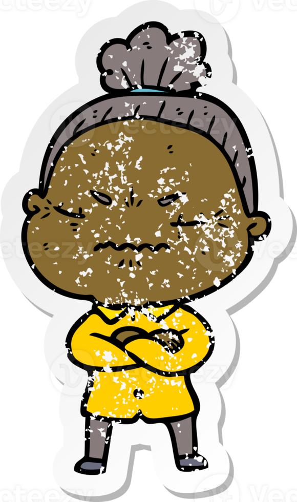 distressed sticker of a cartoon annoyed old lady png
